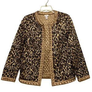 Chico's Size 1 Leopard Print Quilted Satin Jacket Womens S Glam Hollywood Regenc